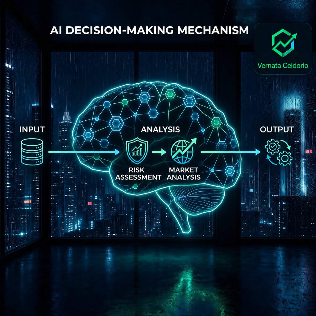 Diagrama del motor predictivo Vernata Celdorio con nodos de analisis de riesgo y mercado en arquitectura neuronal