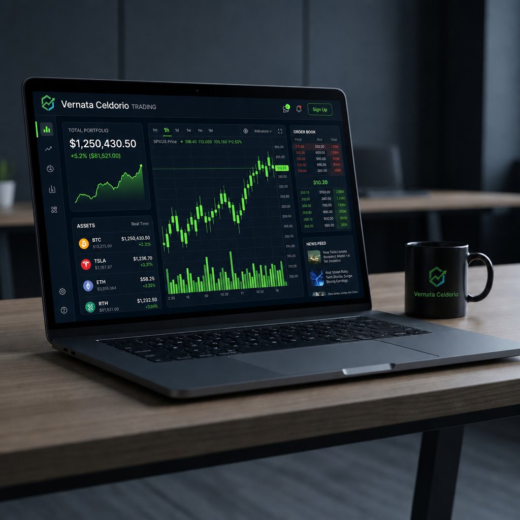 Tablero Vernata Celdorio mostrando profundidad de mercado y portafolio multi-activo en notebook