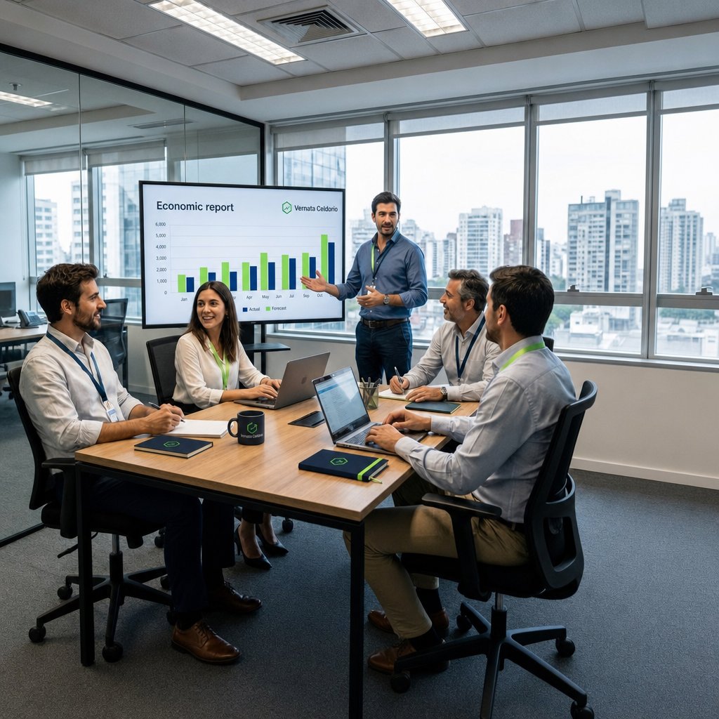 Reunion del equipo Vernata Celdorio revisando resultados trimestrales en sala de juntas con vista urbana