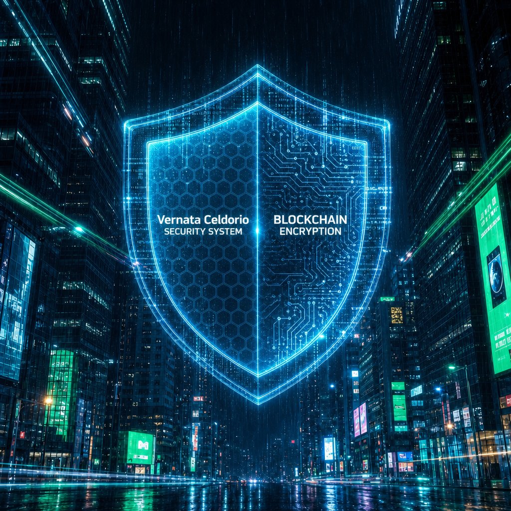 Escudo digital Vernata Celdorio sobre arquitectura urbana representando proteccion multicapa de activos