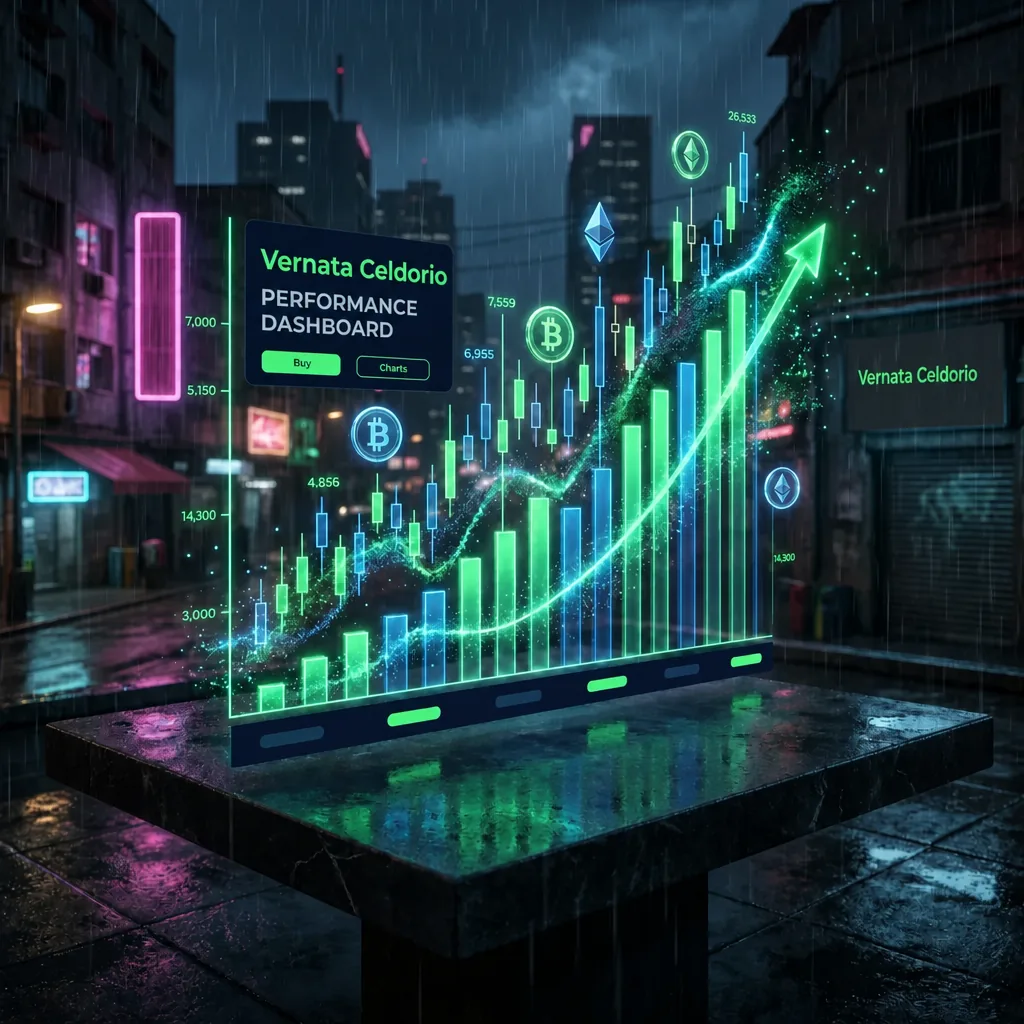 Tablero de rendimiento Vernata Celdorio con curvas verdes ascendentes proyectadas en pantalla urbana